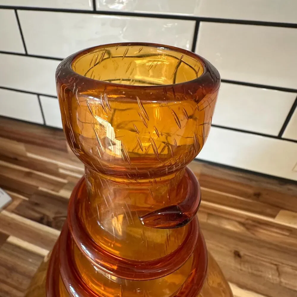MCM Amber Thick Glass Bulbous Bottle Jug Vase Hand Blown Statement Centerpiece